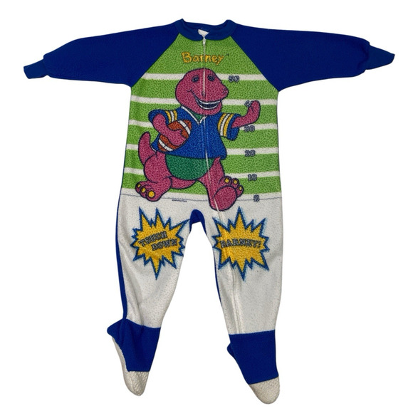 Vintage Barney Dinosaur Footed Zip Up Pajamas 90's Football 3T Lyons Group Flaws - Picture 1 of 13
